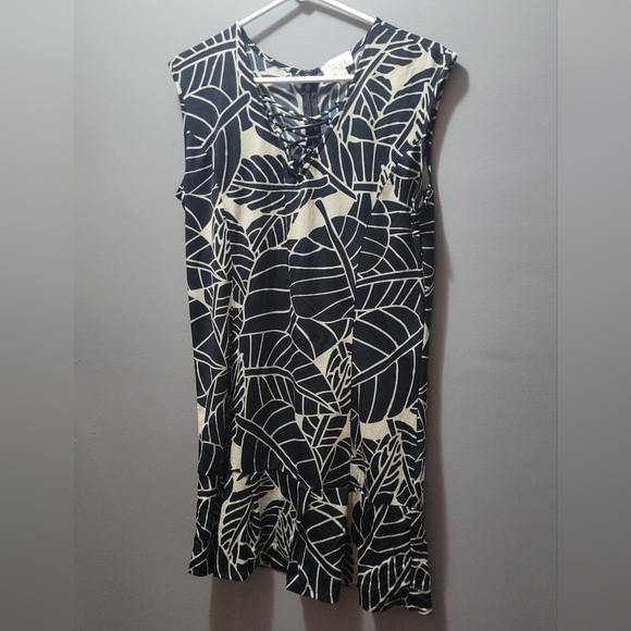 Bisou Bisou Black and Tan Leaf Print Dress L - Picture 3 of 9